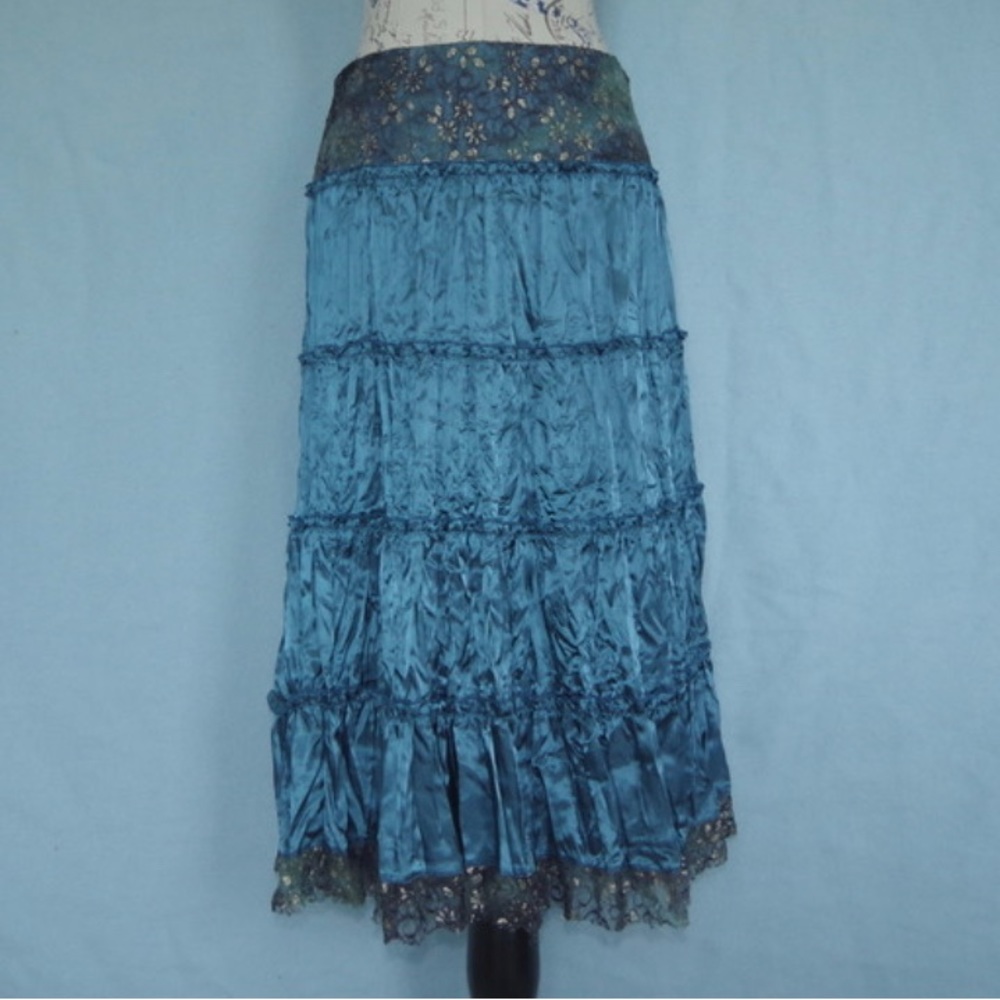 Blue Fairy Tiered Lace Satin Long Flowy Skirt Boho